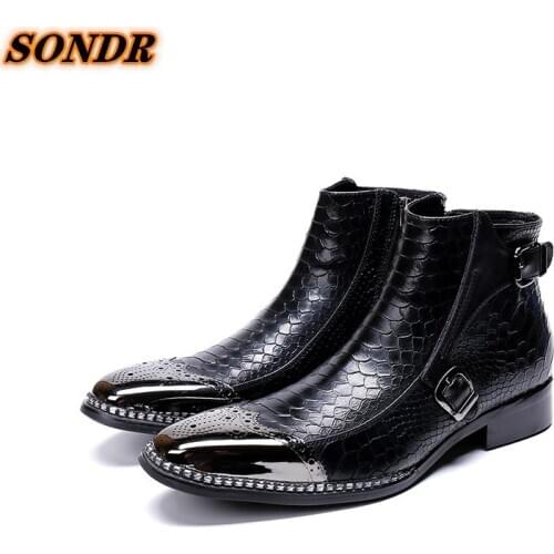 Chaussures Homme Fashion Genuine Leather Mens Ankle Boots Iron Toe Handmade Snake Skin Buckle Strap Man Cowboy Dress Shoes