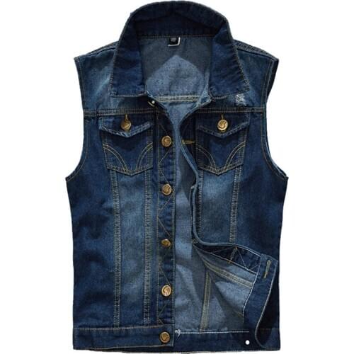 2019 Fit Male Jacket Cowboy Denim Vest Mens Jacket Sleeveless Casual Waistcoat Mens Jean Coat Ripped Slim 5XL