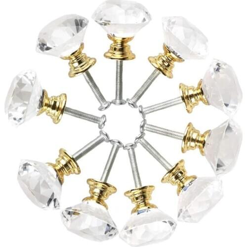 New Diamond Shape Crystal Glass 30mm Kitchen Cabinet Door Drawer Knob Cupboard Dresser Wardrobe Pull Handle with Screws, 10pcs d
