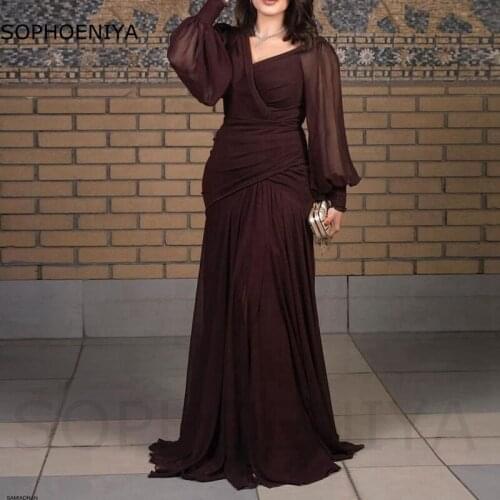 New Arrival V Neck Chiffon Long sleeve Evening dress Abendkleider 2021 dubai Celebrity dresses Vestidos de noche abiye gowns