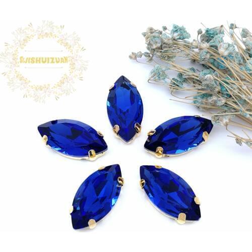 New product Horse eye Sapphire blue Crystal Glass Sewing Rhinestones with gold Claw DIY Wedding Dresses