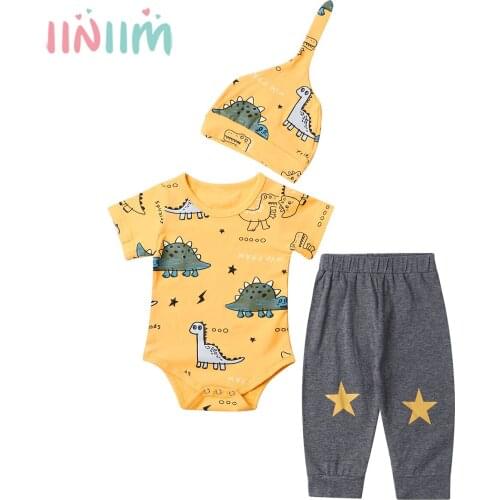 Newborn Baby Boys Clothes Infant Girl Bodysuits and Pants Hat Outfits Cartoon Dinosour Unisex Romper Sets Autumn Baby Outfits