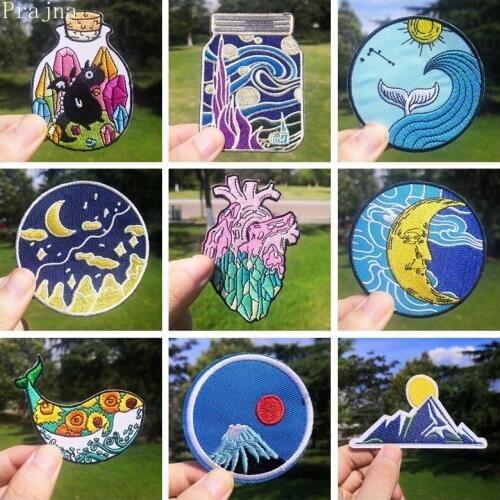 Prajna Iron On Patches For Clothing Fish Wave Van Gogh Patch Sun Moon Embroidered Patches Stripes Travel Stickers For Clothes