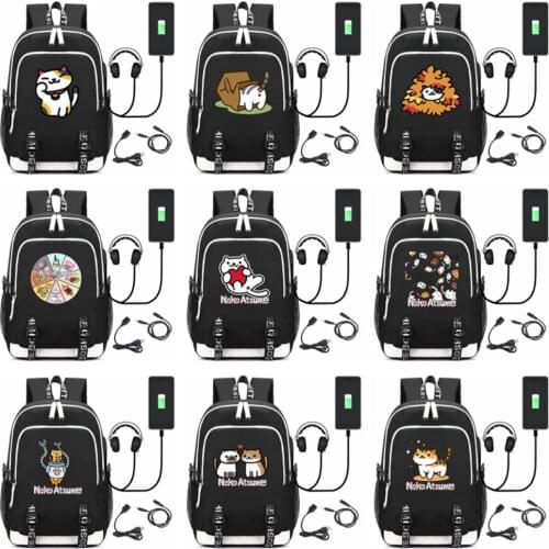 Anime Neko Atsume USB Backpack Student School Bag Bookbag for teenagers Cartoon Laptop Shoulder Travel Bags Gift
