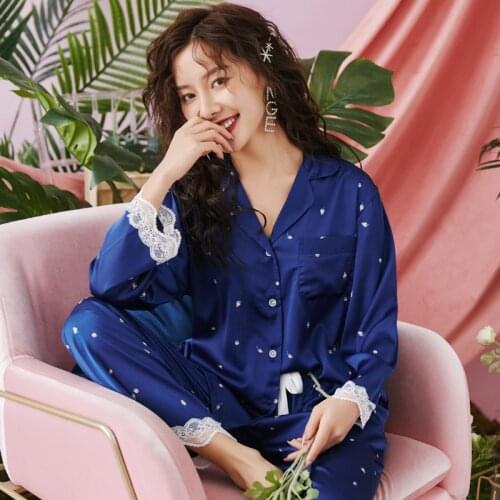 Flower Printed Pajamas Homewear Set Spring Autumn New Lady Nightwear Lace Trim Blue Pyjama Long Sleeve Shirt Trousers Sleepwear