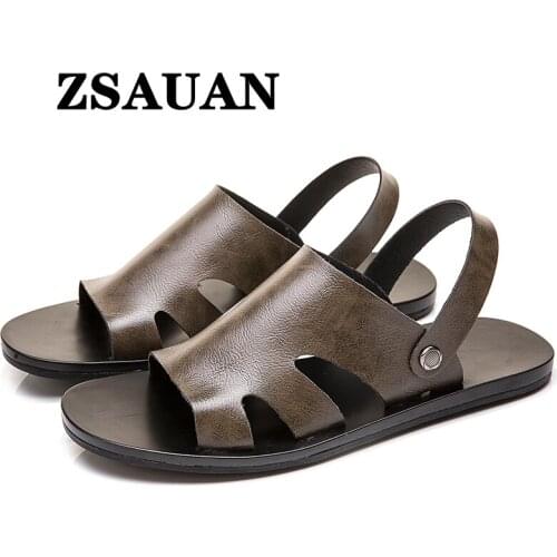 ZSAUAN Whole Cut PU Leather Men Flat Sandals Summer Mens Slippers New Large Size 38-46 Hole Shoes Breathable for Sea Vacation