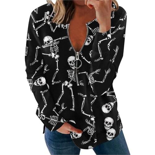 Halloween Kawaii Printed sweatshirts Fashion Women Casual Long Sleeve Loose Zip cool Sweatshirt Top Con Capucha Moletom Sweetsh