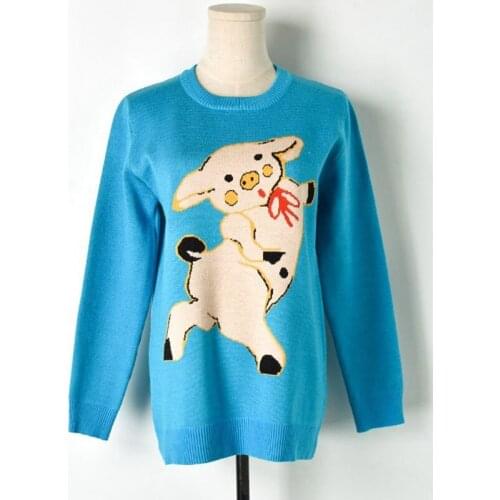 Runway Pullover Bright Blue Cute Pig Pattern Sweet Knitted Sweater O-neck Long Sleeve Fashion Elegant Elegant Jumper