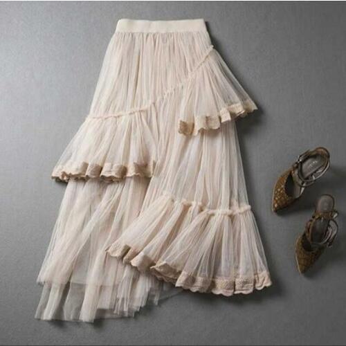 Womens Clothing 2018 Summer High Waist Thin Irregular Mesh Stitching Lace Skirt Skirt Cake Pettiskirt Skirts Womens