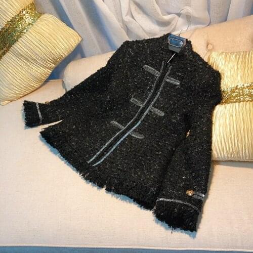 Temperament black collar New small fragrance tweed retro self cultivation net light luxurious short jacket coat