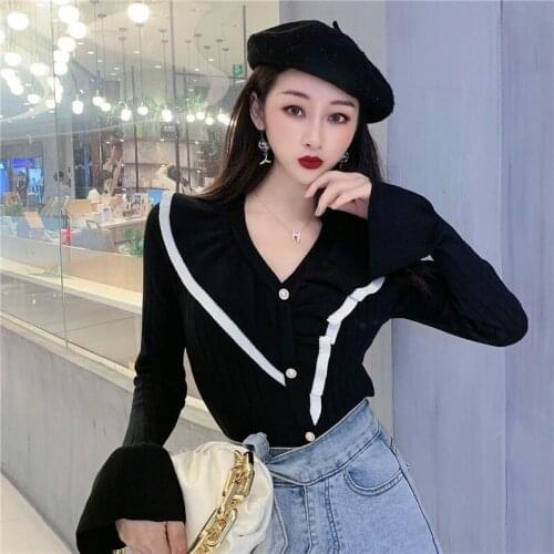 Woman Sweaters Cardigan V-neck Flounce Knitted Womens Inner Wear High Waist Crop Top Sueters De Mujer