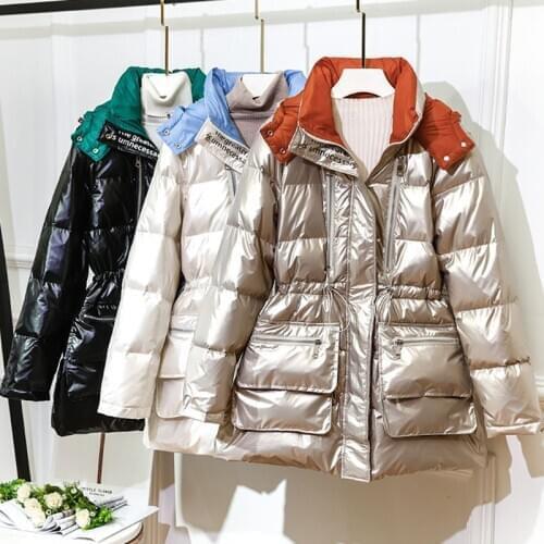 New Down Jacket Women Long Hooded White Duck Down Overcoat Winter Shiny Fashion Coat Abrigo Mujer Casual Warm Parka Outerwear