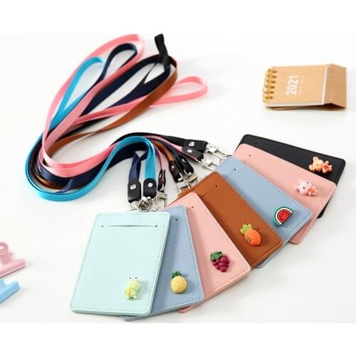 Women Cute Fruit PU Leather ID Credit Card Holder Students Bus Card Case Lanyard Girl Cartoon Identity Badge Cards Cover Wallet