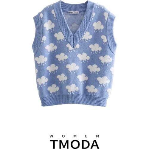 TMODA888 Za Women 2021 Fashion Jacquard Loose Knitted Vest Sweater Vintage V Neck Sleeveless Female Waistcoat Chic Tops