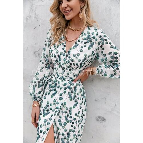 2021 Printed Spring/Summer Long Sleeve Lace A-shaped Green Leaf Avant-garde Womens Dress