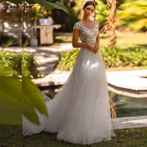 Magic Awn 2021 White Wedding Dresses Boho Lace Appliques Illusion Short Sleeves Country Bridal Gowns Open Back A-Line For Women