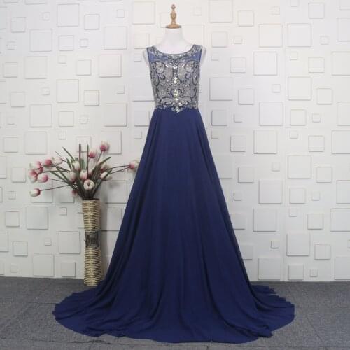 Navy Evening Dresses A Line 2021 Crystal Beads Sleevless Scoop Floor Length Evening Gowns for Women