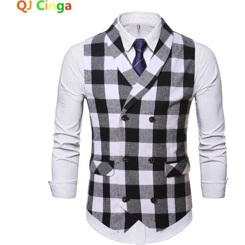 Black White Checked Sleeveless Vest Coat Men V Neck Double Breasted Wedding Party Waistcoat Mens Stylish Casual Tees