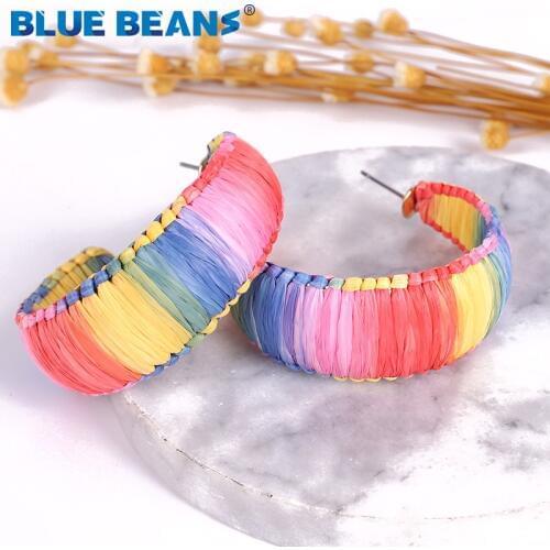 Bohemian Oversized Colorful Round Drop Earring Raffia Rattan Earring for woman Fashion Statement summer Geometric Jewelry Bijoux