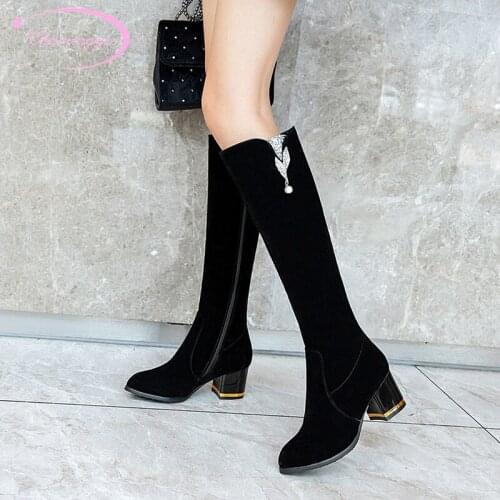 Party style round toe flock knee-high boots fashion crystal beading black high-heeled chunky riding boots womens shoes big size