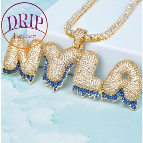 Blue Color Drip Bubble Letters Custom Name Pendants Mens Zircon Hip Hop Jewelry