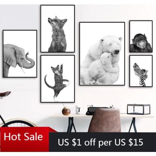 Black White Polar Bear Monkey Sloth Fox Animals Nordic Canvas Painting Posters Prints Wall Art Pictures Kids Baby Room Decor