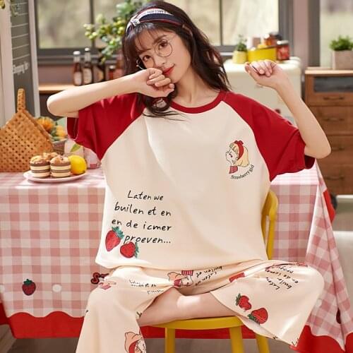 Cotton Short Sleeve Summer Fashion Leisure Household To Take Loose Big Yards Pyjamas Camisola Nightwear New Pajamas Set Woman
