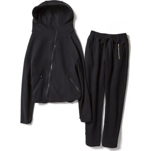 Cotton blends villus young women fashion hooded zipper cardigan irregular coat drawstring pant 2pcs/set solid color S/M/L