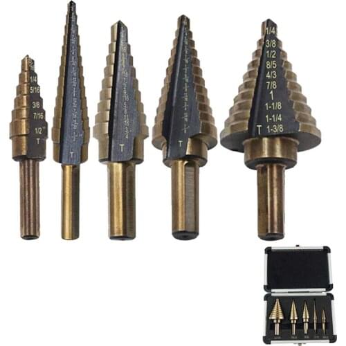5Pcs/set Aluminum Box Set Imperial Step Drill Bit High Speed Steel Titanium Coated Metal Hole Cutter Power Carpentry Wood Tools