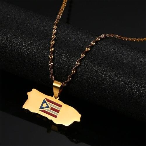 Stainless Steel Puerto Rico Map and Flag Pendant Necklace Gold Color Puerto Ricans Charm Jewelry Gift