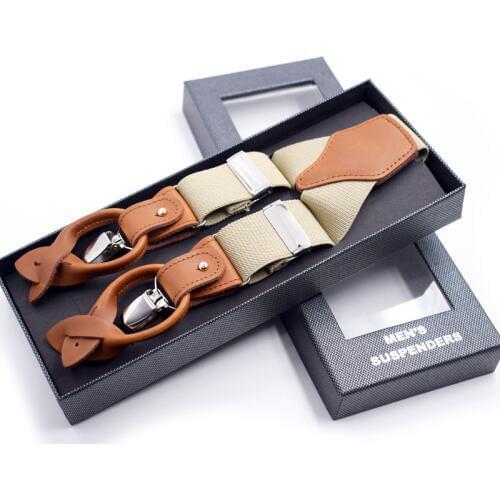 Mens Suspenders leather alloy 6 clips Braces Male Vintage Casual suspensorio Trousers Strap Father/Husbands Gift 3.5*120cm