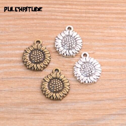 PULCHRITUDE 12pcs 15*18mm Metal Alloy Two Color Sunflower Charms Plant Pendants For Jewelry Making DIY Handmade Craft