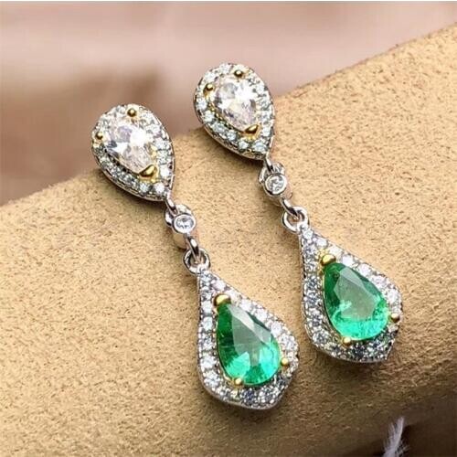 Natural real emerald drop earring Free shipping 925 sterling silver 0.45ct*2pcs gemstone Fine jewelry #R99104