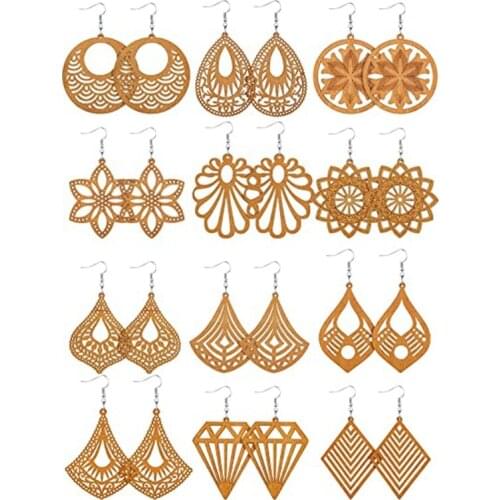 Y1UE 12 Pairs African Wooden Drop Earrings Bohemian Pendant Dangle Earrings Lightweight Ethnic Style Wood Earrings for Women