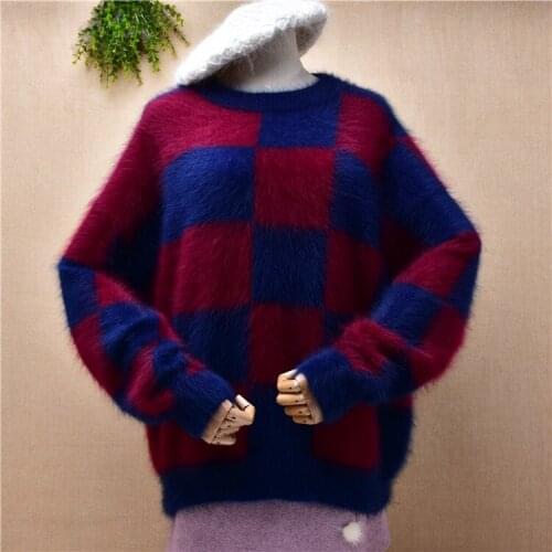Ladies women fashion plaid winter clothing hairy mink cashmere knitted long sleeves loose pullover angora fur jumper sweater top