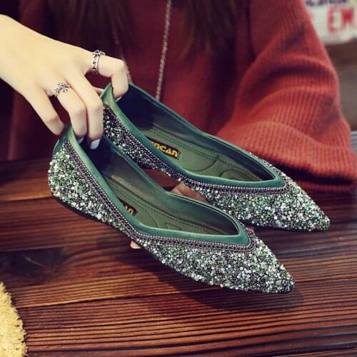 Silver Glitter Ballet Flats Women Pointed Toe Metal Chains Mules Shoes V Open Sequined Espadrilles Womens Flats