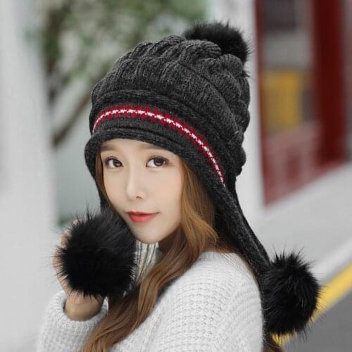 Women Rabbit Plush Hats Women Winter Fashion Beanies Sweet Cute Hedging Cap Velvet Wool Hat Student Hair Ball Cap With Hair Ball