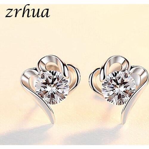 ZRHUA 2019 Womens Fashion 925 Solid Sterling Silver Heart Charm Stud Earrings For Women Sterling-silver-jewelry Wholesale
