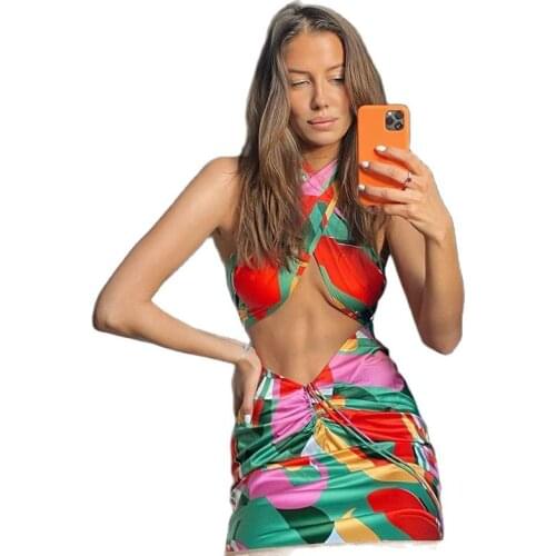 Ladies colorful satin patchwork print 2-piece suit with straps short vest pleated drawstring midi skirt 2021 summer suit