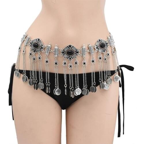 Turkish Gypsy Vintage Blue Black Stone Belly Dance Belt Chains Coin Long Tassel Waist Chain Women Boho Hippie Body Jewelry