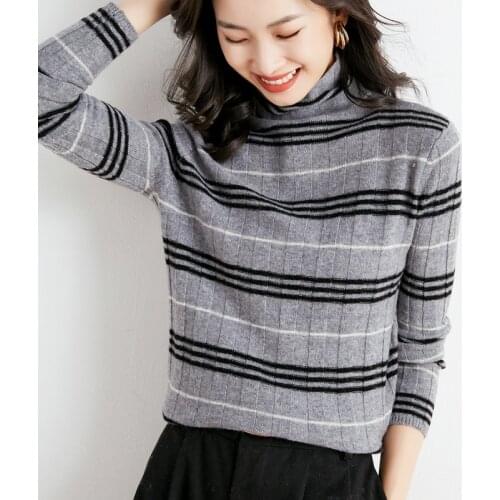 2021 Fall Long Sleeved Kintted Woman Sweaters Wool Striped Turtleneck Cashmere Sweater Women Warm Pull Femme Casual Jersey Mujer