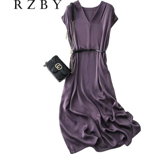 Woman New Dress Silk Feelling Solid V-neck Sashes French Dress 2021 Summer Elegant Dresses Female Vestidos RZBY350