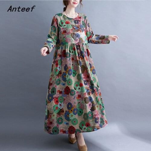 Anteef long sleeve cotton vintage floral dresses for women casual loose woman summer spring autumn dress elegant clothing 2021