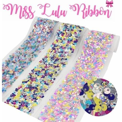 3"75mm Scatter Sequin Tape (Back Side with Tulle, 9.5cm Width Added 1cm Edge Both Side) 25.5yards/Pack (3*8.5y/lot) Rainbow Blue