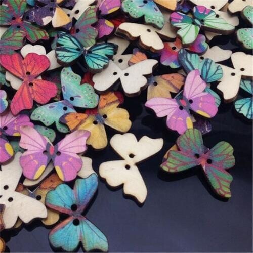 50pcs Butterfly Mixed 2Hole Wooden Buttons Christmas DIY Decor Child Clothes Sewing Buttons Crafts Scrapbooking WB43