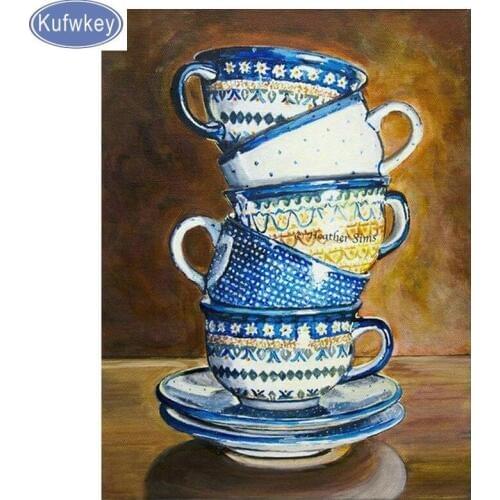 5D DIY Diamond Painting blue cup Embroidery Full round drill Square Diamond Cross Stitch Mosaic diamond art Kitchen wall Decor