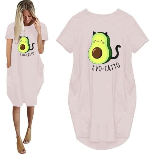 Avocado Cat Cartoon Fruit Print Women Summer Short Sleeve Dress With Pocket Ladies Fashion O Neck Long Tops Female T Shirt Dress