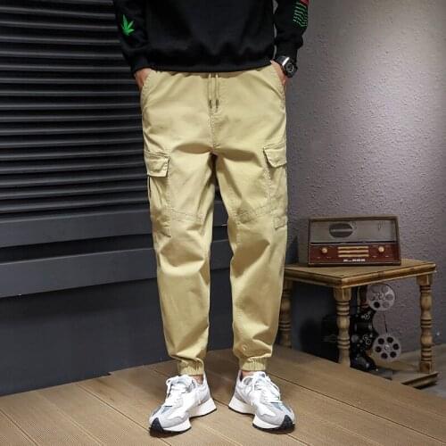 5517 Mens Khaki Pants Trendy Cargo Casual Korean Style Drawstring Multi-Pocket Tie Feet Tooling Loose Youth Male Harem Trousers