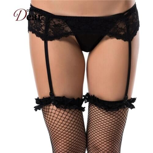 Comeondear Sexy Women Garter Belt Suspenders Stockings Solid Black Lace Floral Garter Crotchless Panty Plus Size Lingerie PA1085