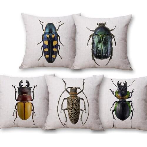 Insects Decorative Cushion Cover Beige Linen Throw Pillows Case 45X45cm Home Room Sofa Decoration